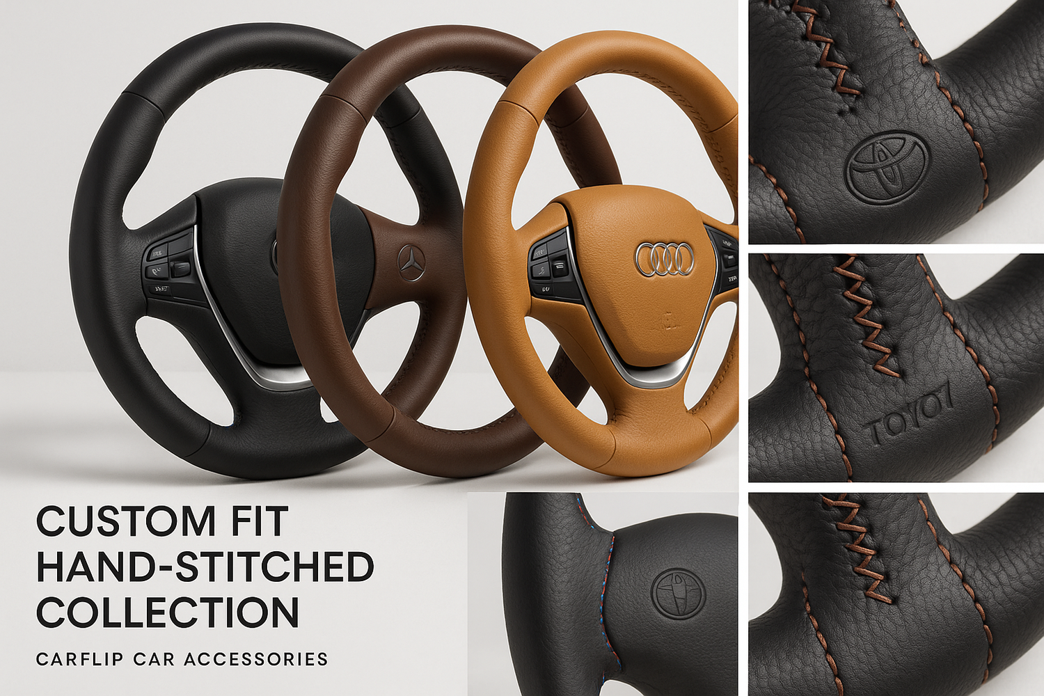 Custom fit hand-stitched steering wheel covers in premium leather for various car makes and models, displayed in different colors and stitching styles.
