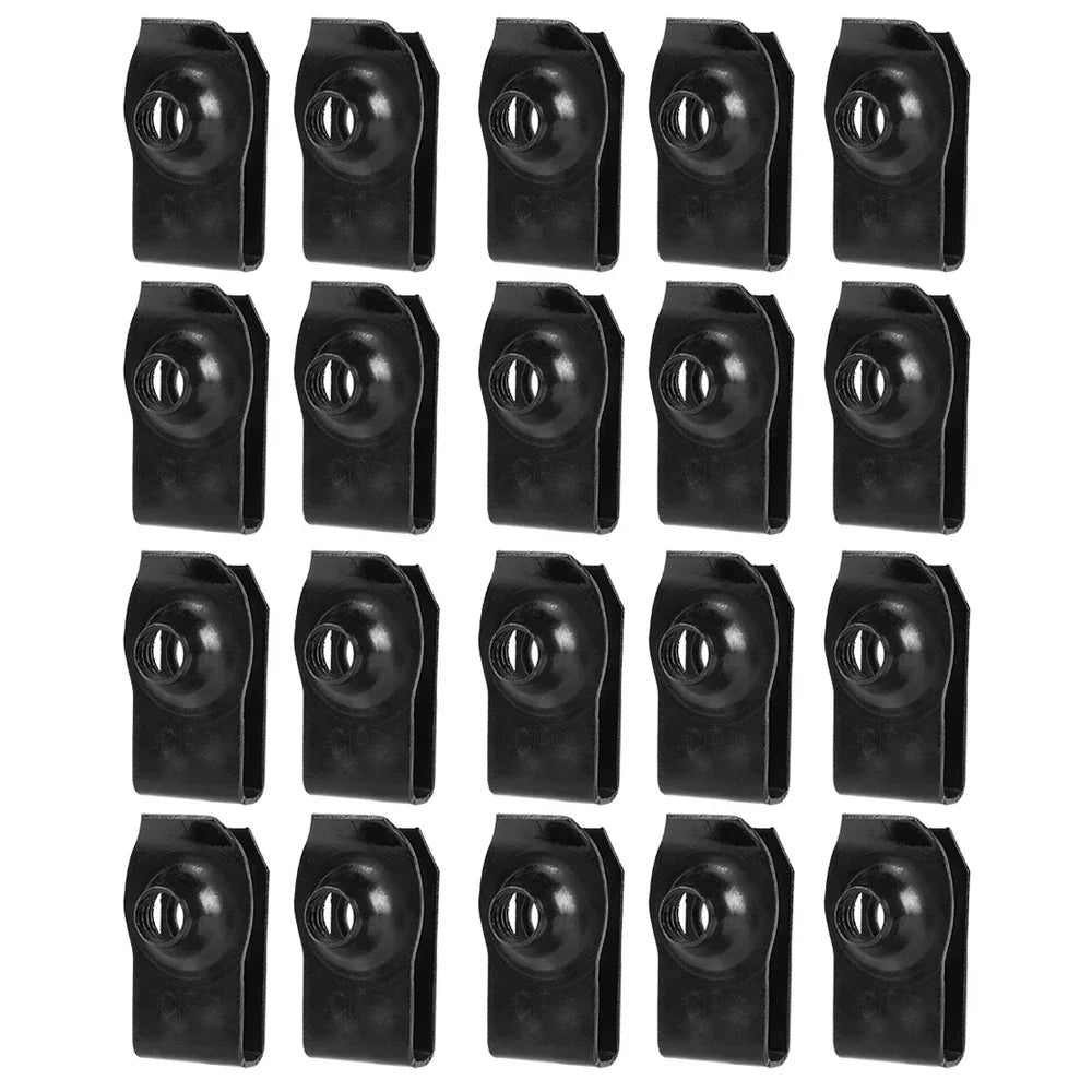 Twenty black plastic clips arranged in a grid on a white background