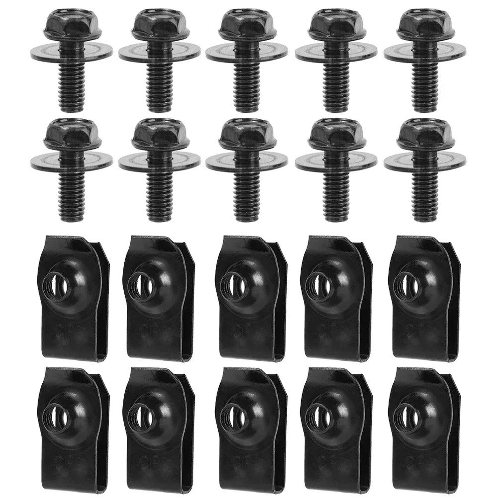 Set of black screws and clips on a white background