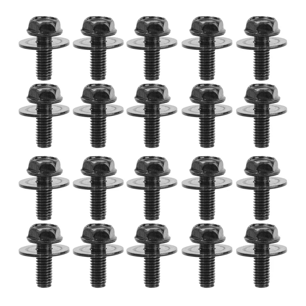 Multiple black screws arranged in a grid pattern on a white background