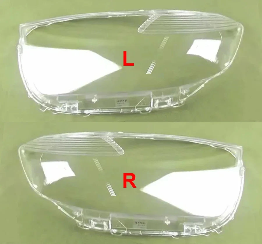 Two clear car headlight covers labeled 'L' and 'R' on a green background