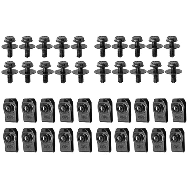 Collection of black screws and metal components on a white background