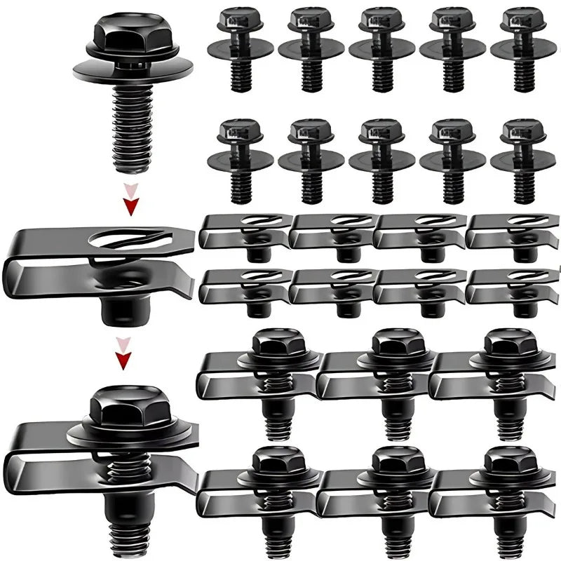 Set of black metal fasteners on a white background