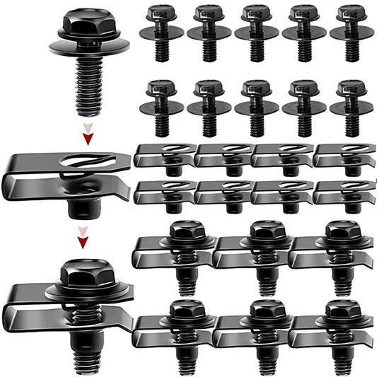 Set of black metal fasteners on a white background