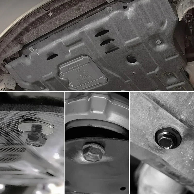 Collage of close-up shots of a car's undercarriage and metal components.