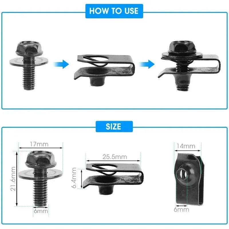 Instructions on how to use and size of a black metal clip with screws.