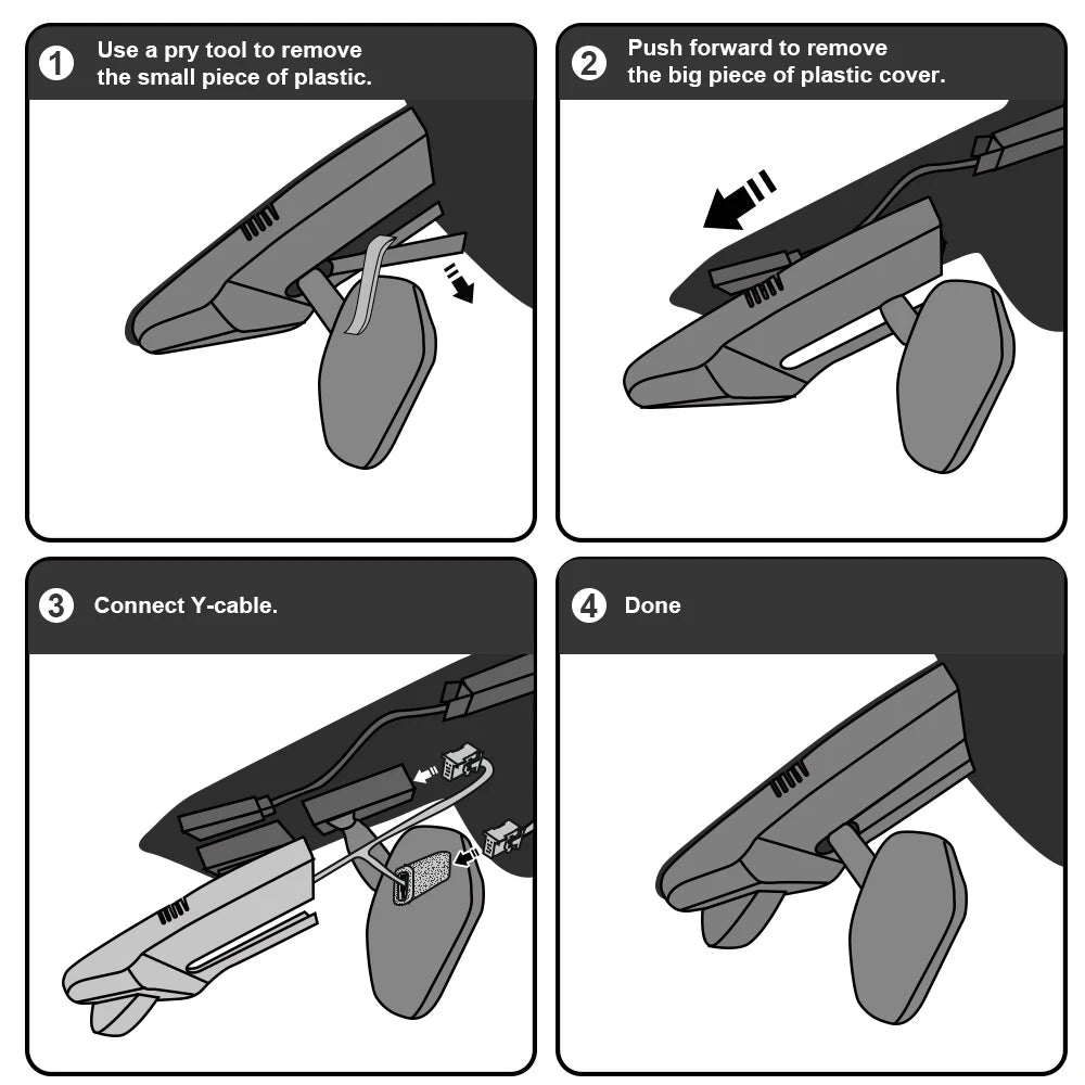 Step-by-step instructions for removing a plastic cover and connecting a Y-cable on a device.
