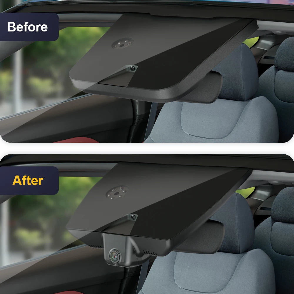 Before and after comparison of a car sun visor with a camera module.