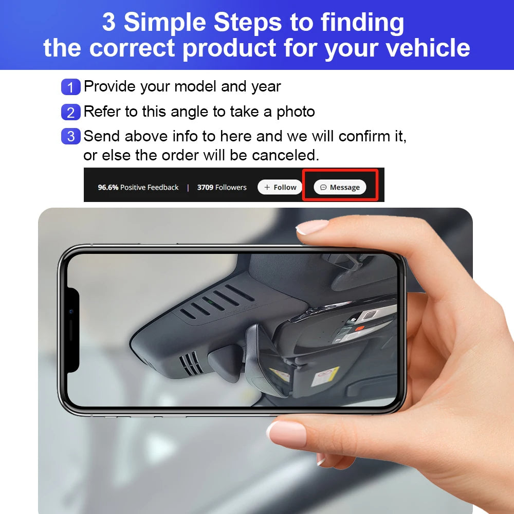 Hand holding a phone showing a car part with text on how to find the correct product for a vehicle.