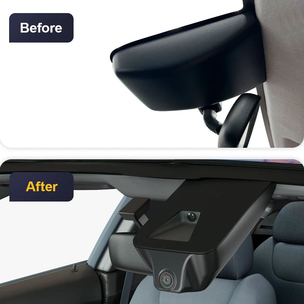Before and after comparison of a car interior with a camera installation.