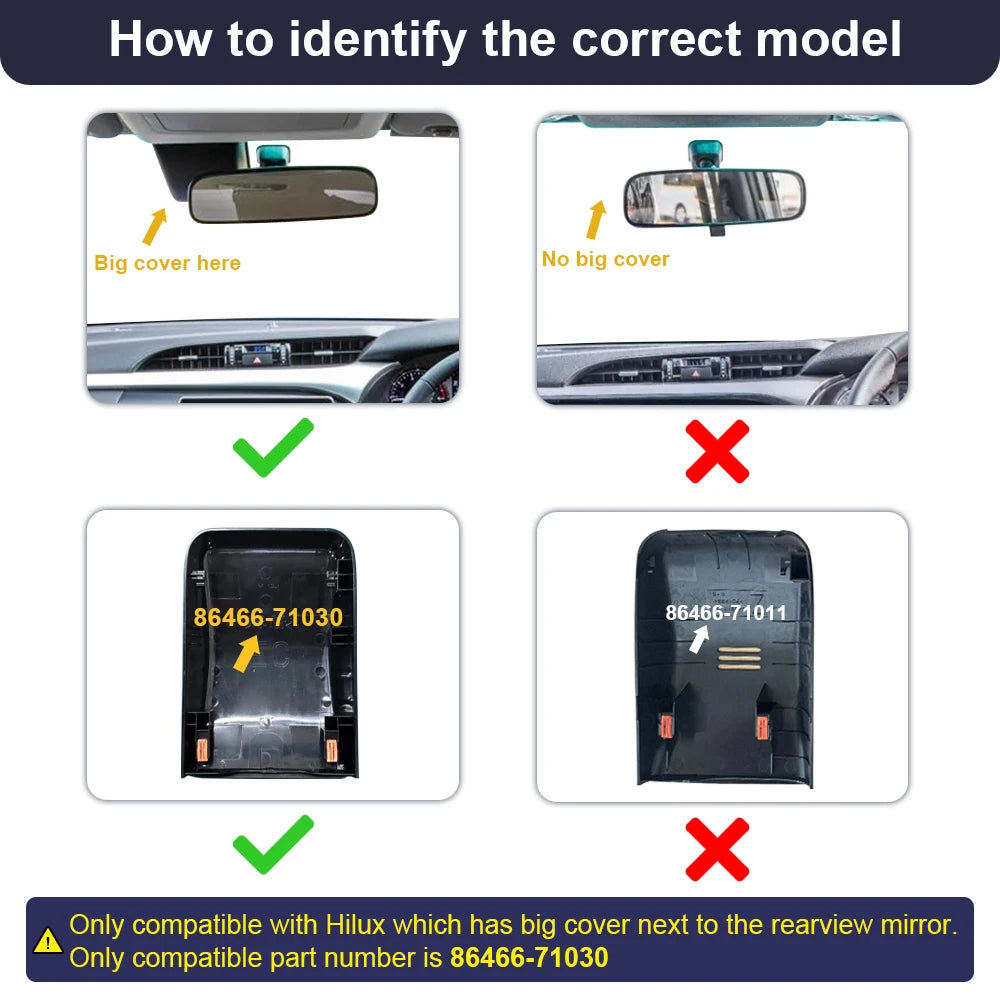 Instructions on how to identify the correct model of a car accessory, showing two examples with big cover and without it.