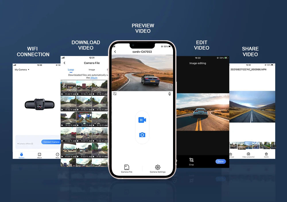 Smartphone displaying a video app interface with Fitcamx branding on a dark blue background.