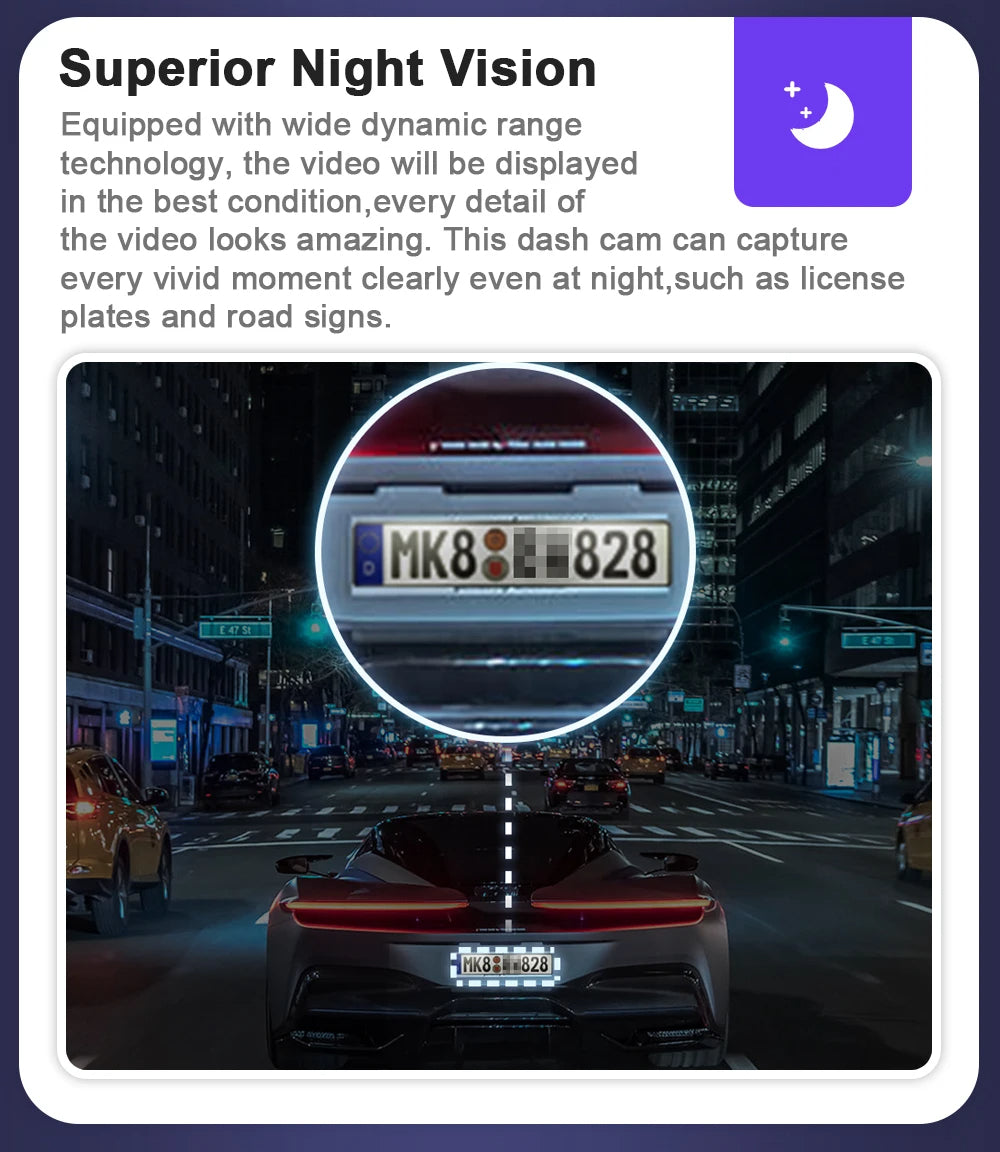 Car dashboard with license plate at night, emphasizing superior night vision feature.