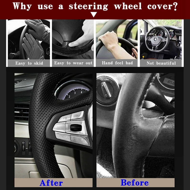 Collage showing the benefits of using a steering wheel cover with text explaining reasons to use one.