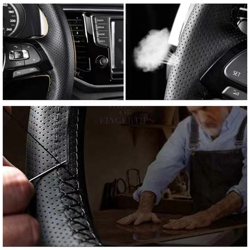 Collage of a car interior, cleaning process, and a person working on leather.