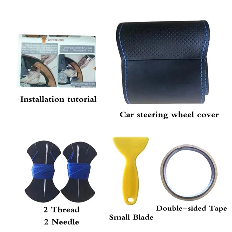 Car steering wheel cover kit with installation tutorial, thread, needle, blade, and double-sided tape on a white background.