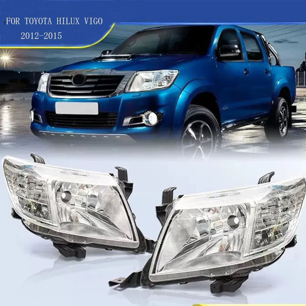 Pair of Toyota Hilux Vigo headlights with a blue pickup truck in the background.