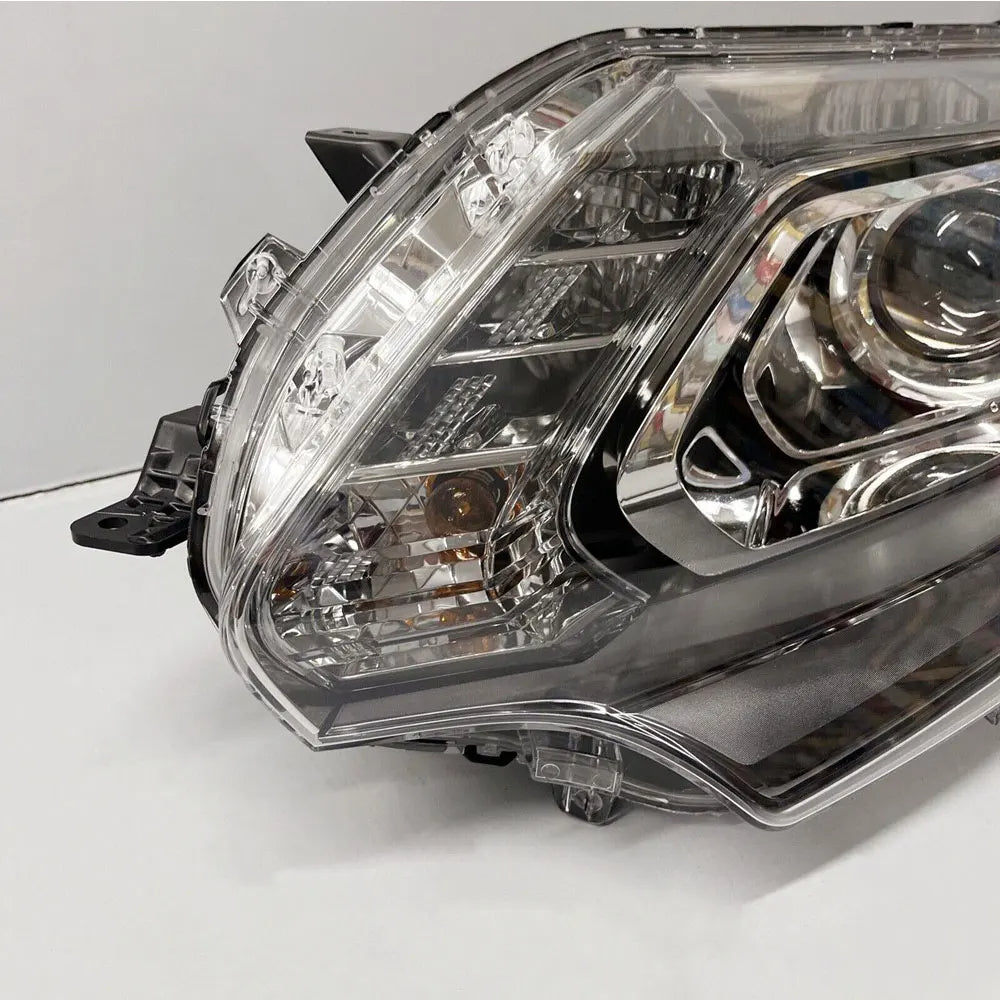 Close-up of a car headlight on a white background