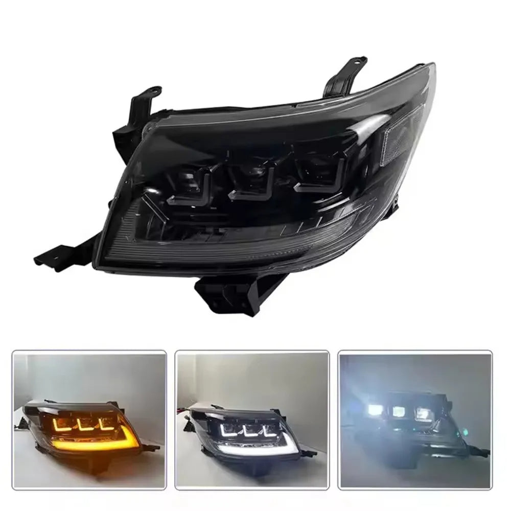 Car headlight assembly with additional images showing different light modes on a white background