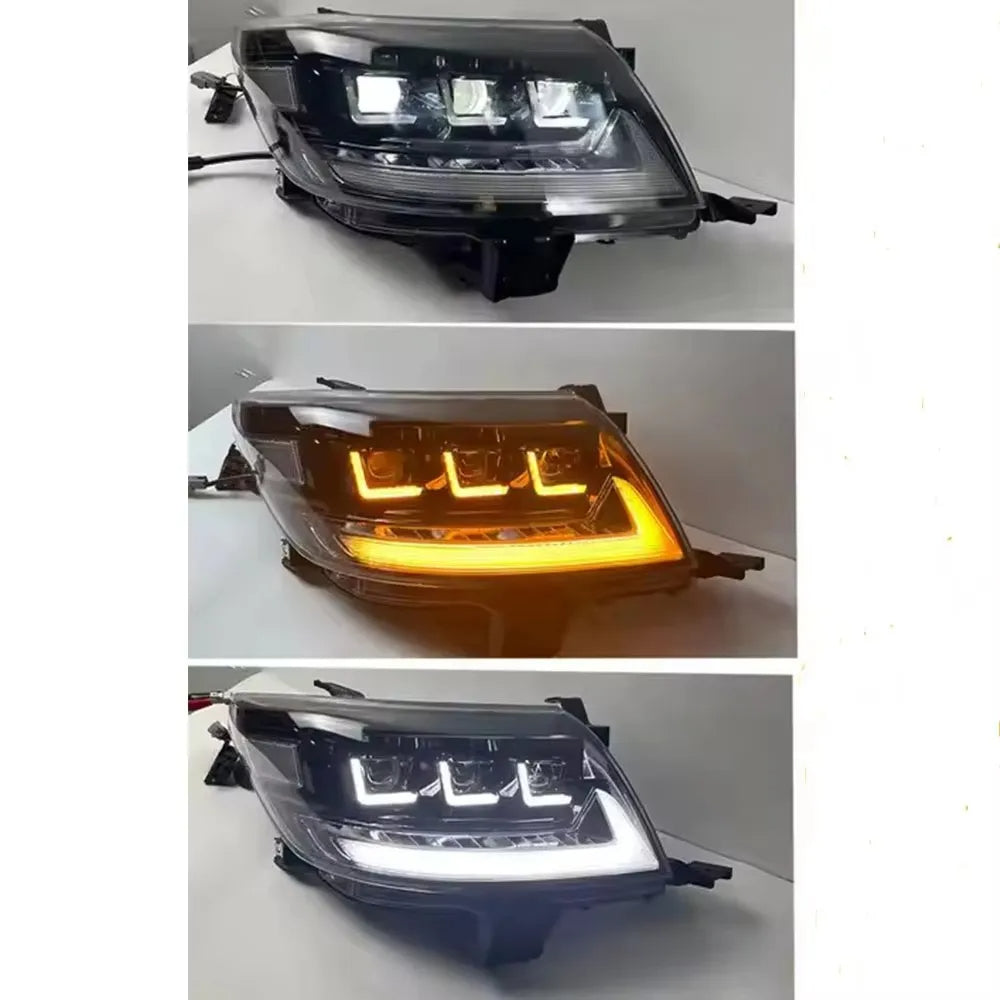 Three views of a car headlight on a white background