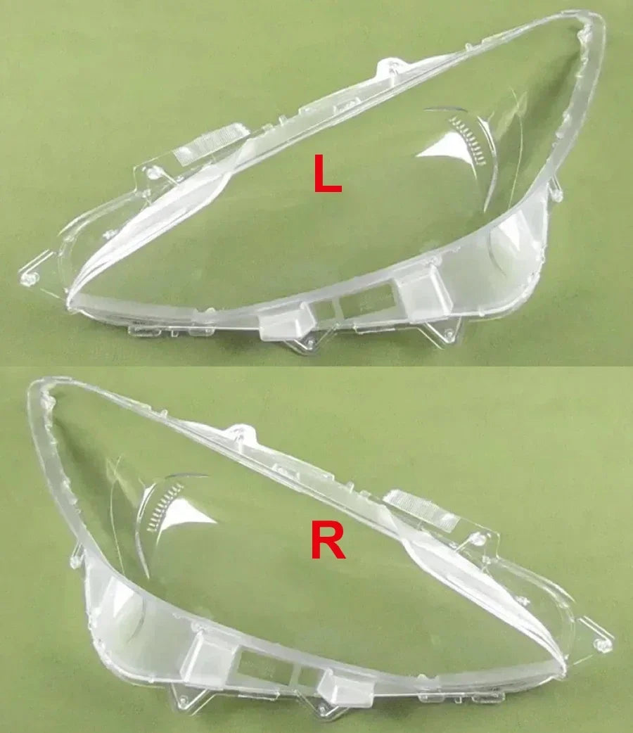 Two clear car headlight covers labeled 'L' and 'R' on a green background