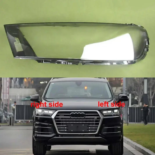 Car headlight cover with 'right side' and 'left side' labels on a green background, with an Audi SUV in the background.
