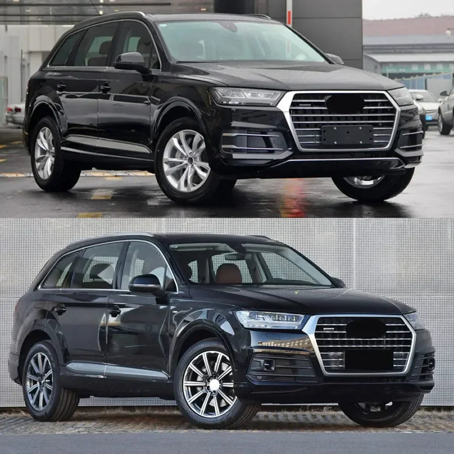 Two images of a black Audi SUV, one from a front angle and one from a side angle, on a road.