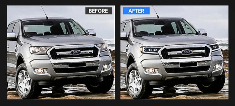 Before and after comparison of a silver Ford truck on a beach.