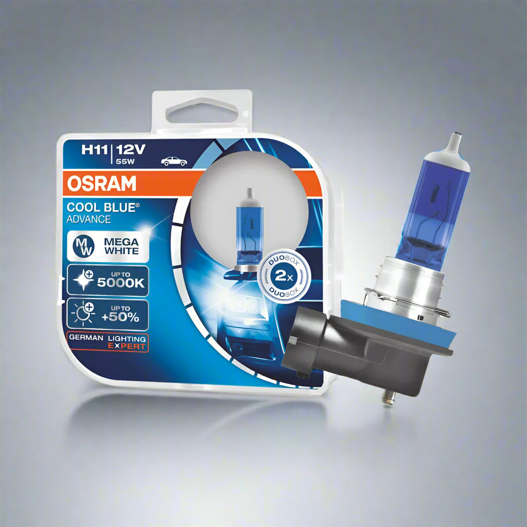 OSRAM H11 car bulb packaging with a blue and white design on a white background