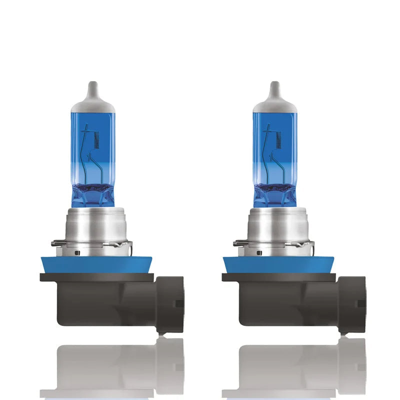 Two car headlights with blue glass and metallic casings on a white background