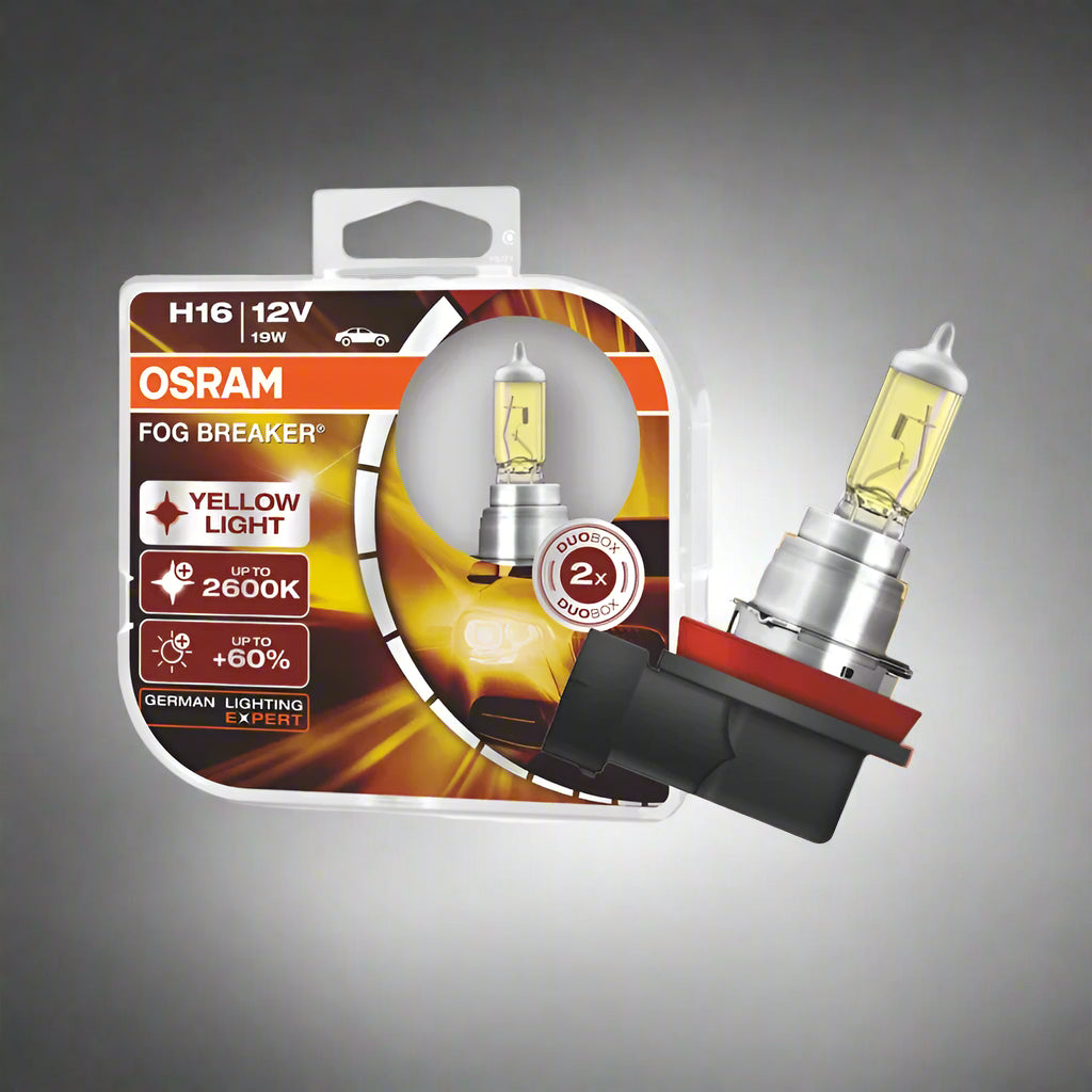 OSRAM fog light bulb packaging with a yellow light bulb on a white background