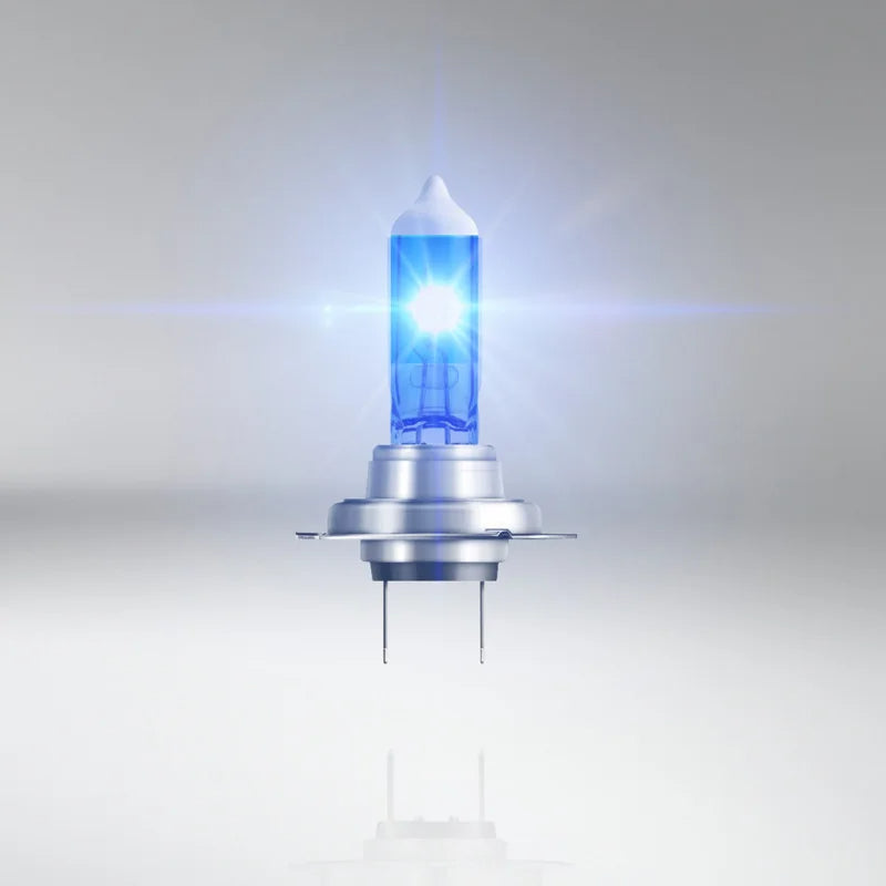 Car headlight bulb with blue interior on a gray background