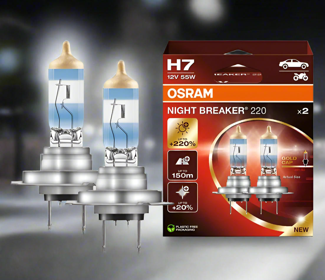 OSRAM H7 halogen bulbs with packaging on a white background