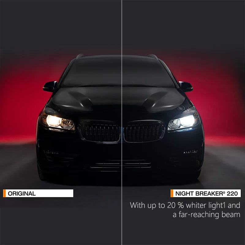 Black car with headlights on a dark background, comparing 'Original' and 'Night Breaker 220' models.