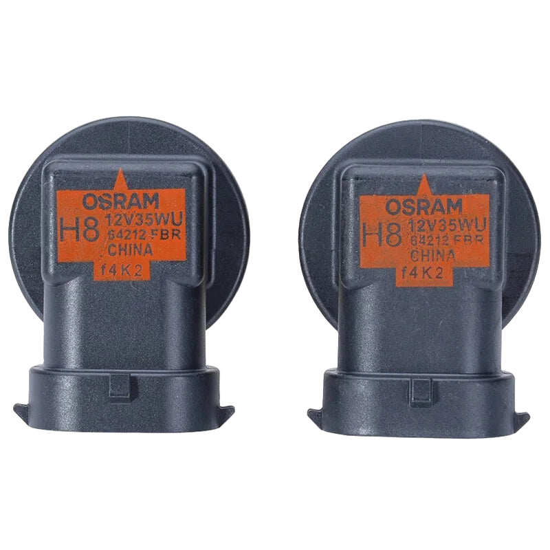 Two Osram H8 car light bulbs on a white background