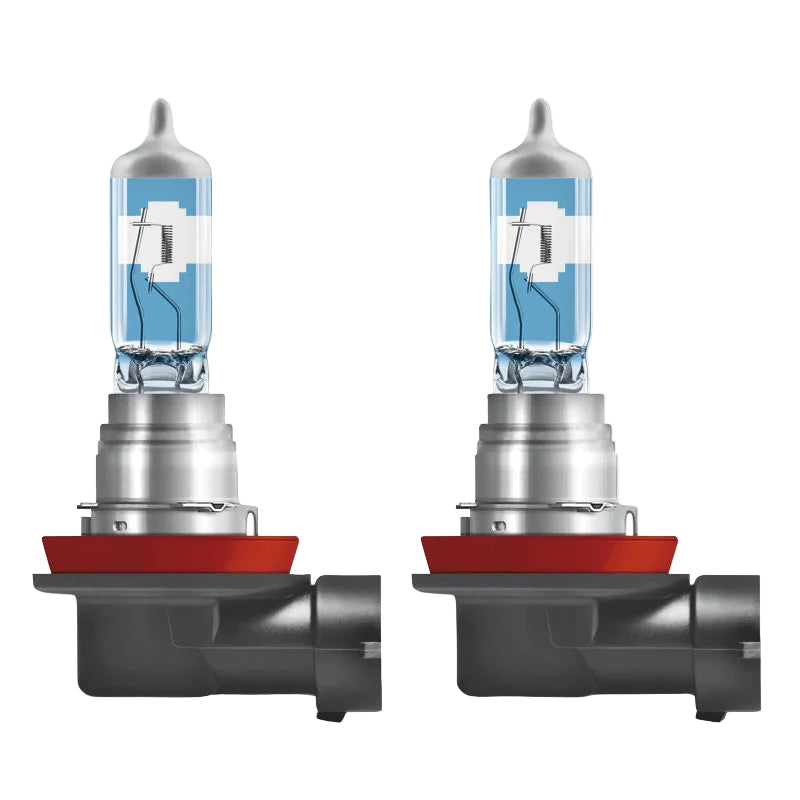 Two Osram car headlight bulbs on a white background