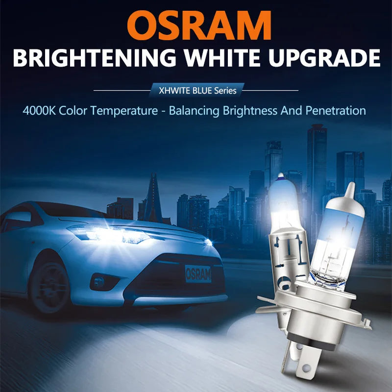 OSRAM brightening white upgrade bulbs with a car and cityscape background