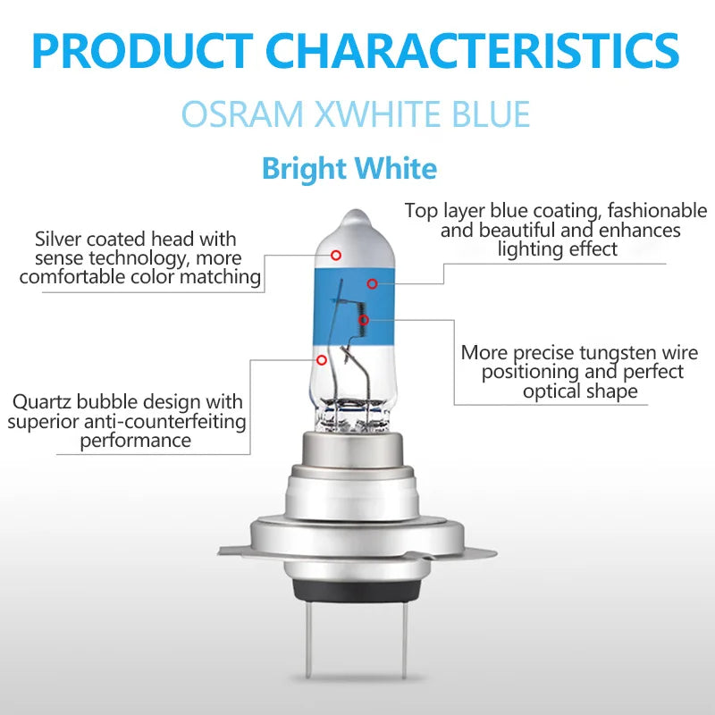 OSRAM XWhite Blue bulb with features highlighted on a white background
