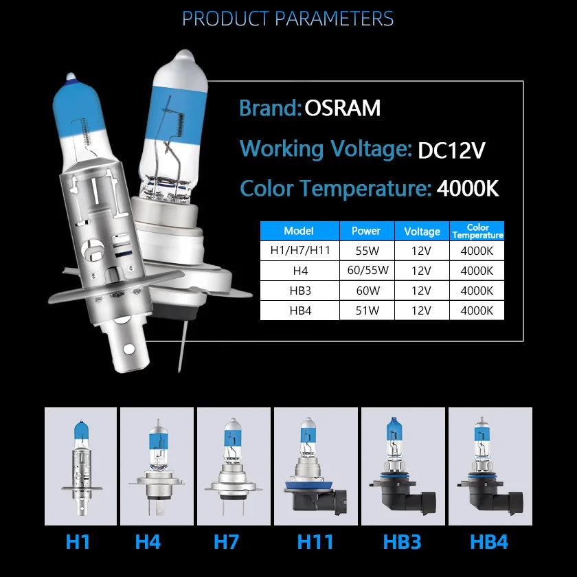 OSRAM car light bulbs with specifications on a black background