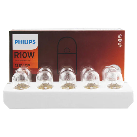Philips light bulb packaging with six clear bulbs on a white stand.