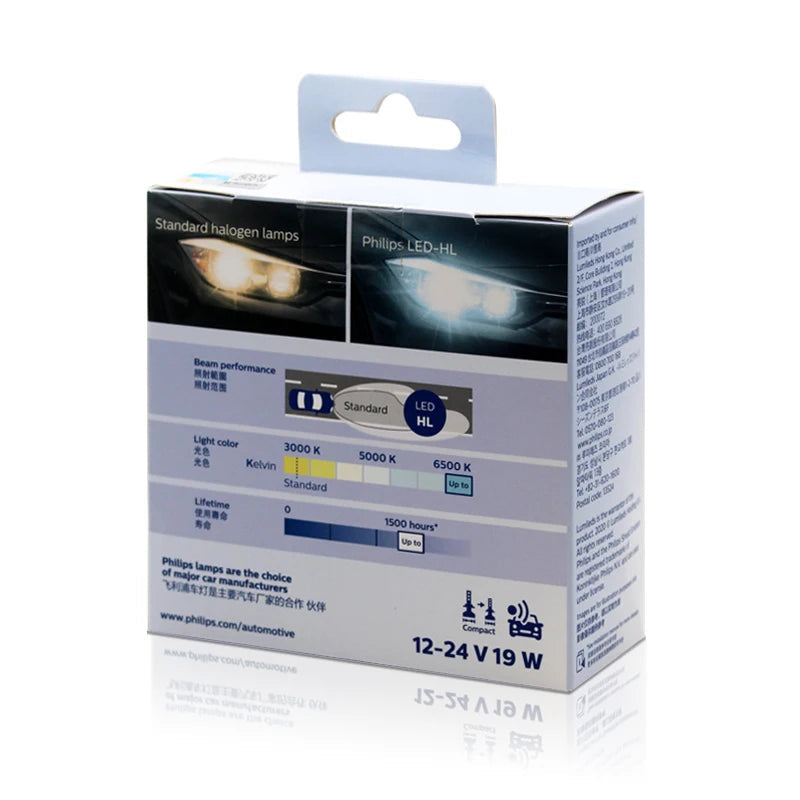 Philips LED-HL car light bulb packaging on a white background