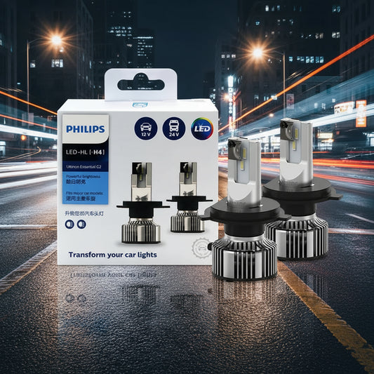 Philips LED car light bulbs with packaging on a white background