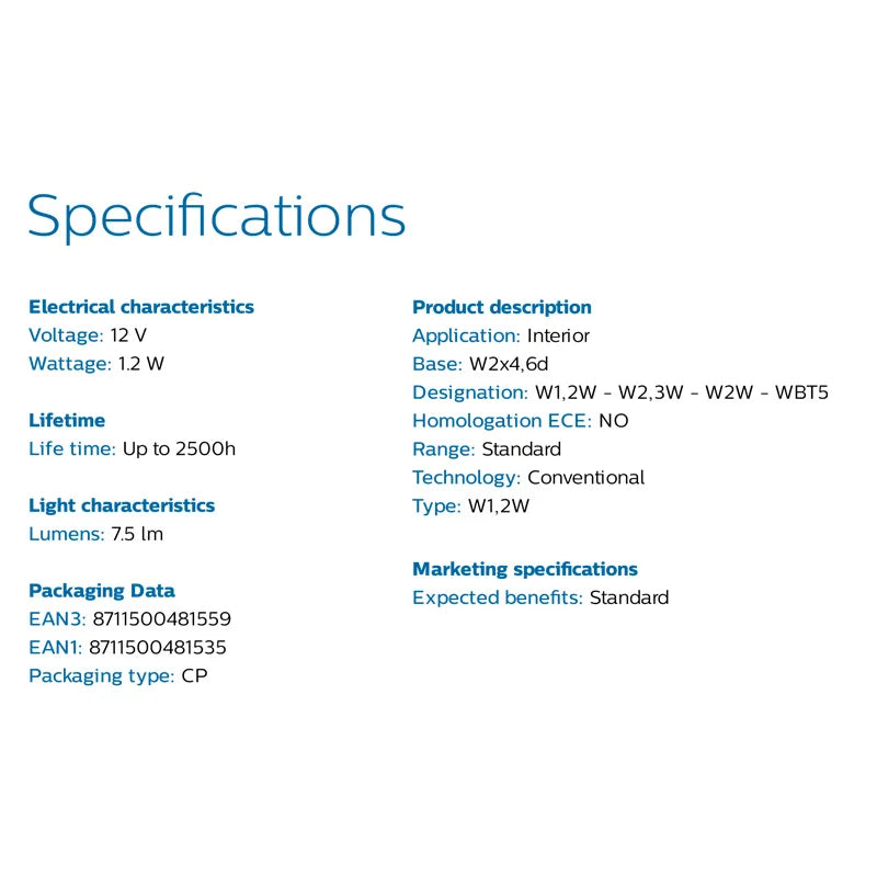 Specifications table for a product with various technical details on a white background