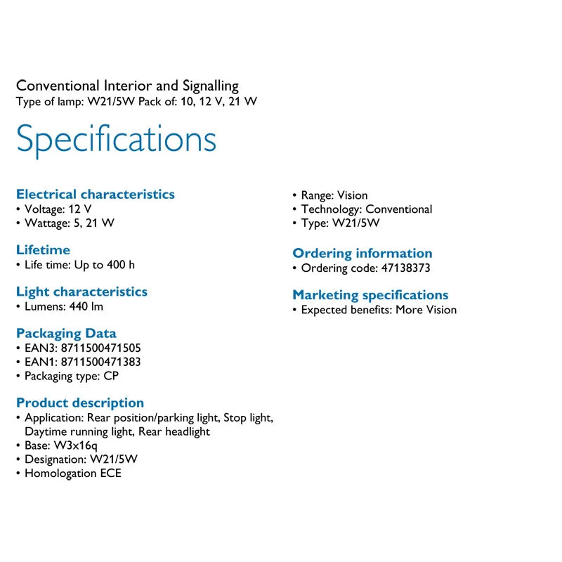 Technical specifications of a conventional interior and signalling lamp on a white background