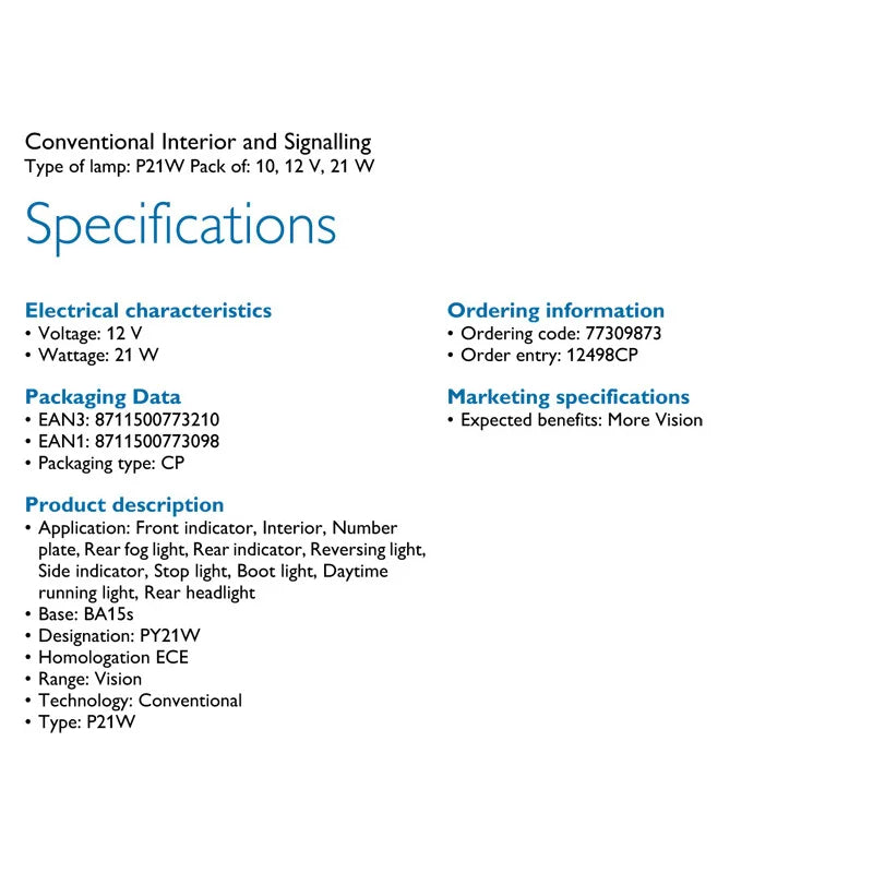 Technical specifications sheet for a lamp with details on voltage, wattage, packaging, and application.