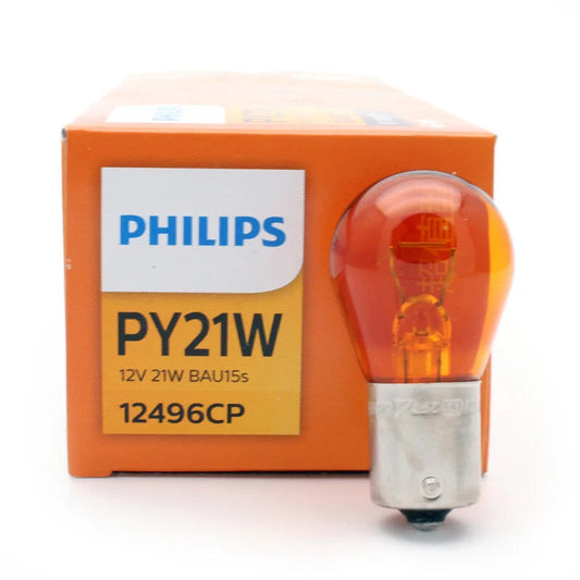 Philips PY21W bulb with packaging on a white background