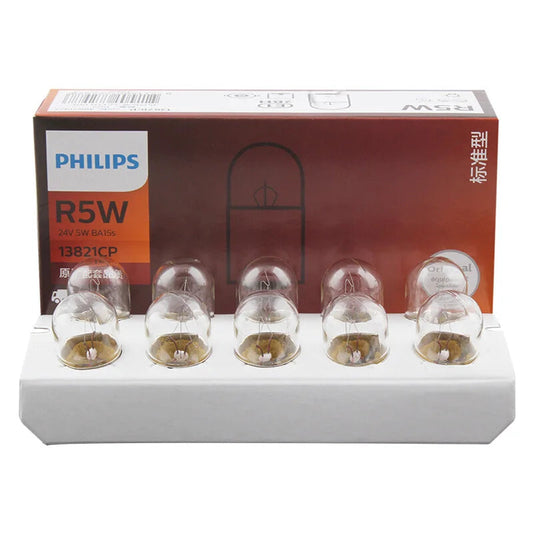 Philips R5W light bulb packaging with six bulbs on a white stand.