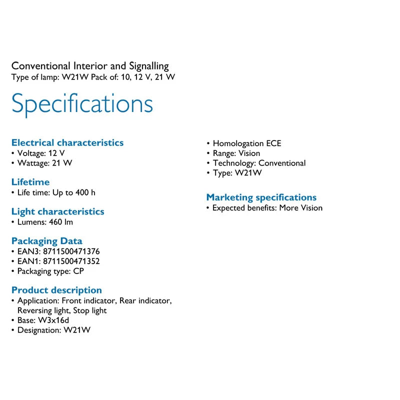 Specifications of a conventional interior and signalling lamp on a white background