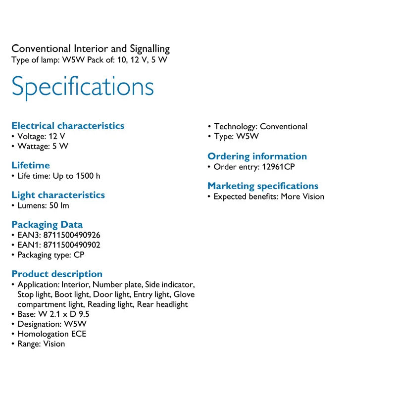 Specifications sheet for a conventional interior and signalling lamp with details on electrical characteristics, lifetime, light characteristics, packaging data, and product description.