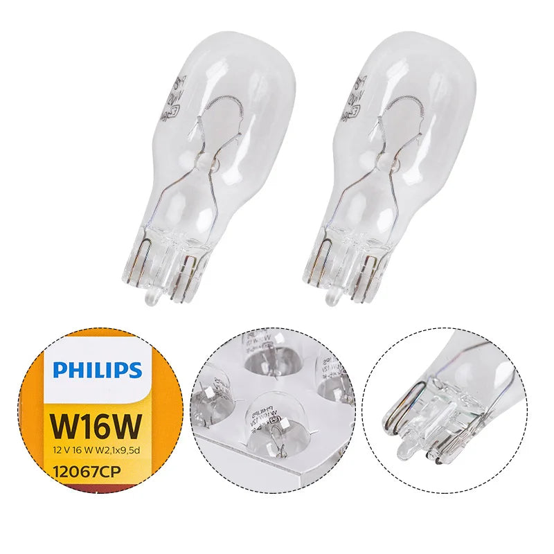 Two Philips car light bulbs with detailed views on a white background